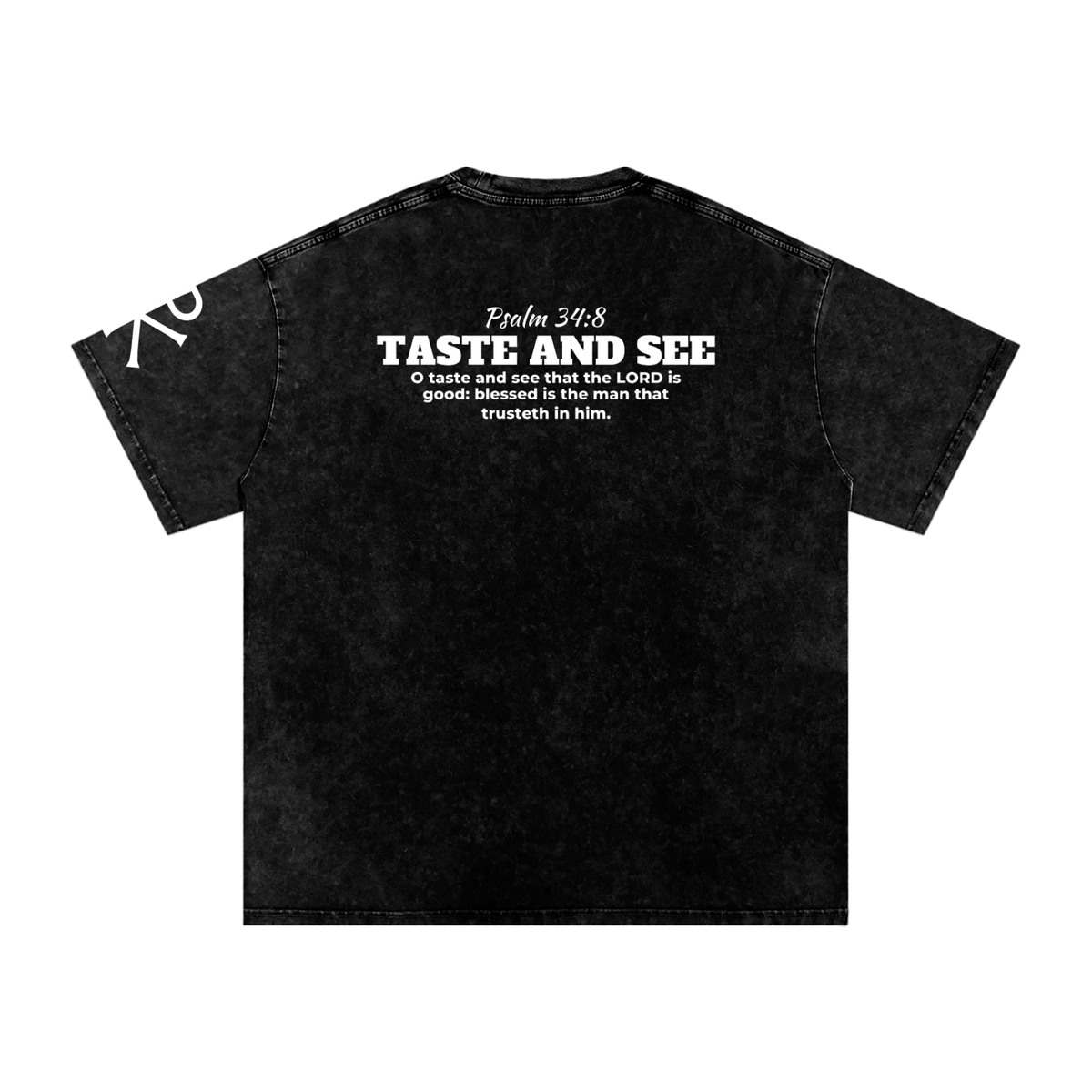 Taste and See God in Flesh Christian t-shirt, Black, back with Psalm 34:8
