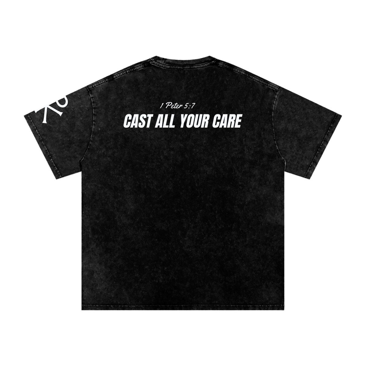 Cast All Your Care God in Flesh Christian t-shirt, Black, back with 1 Peter 5:7
