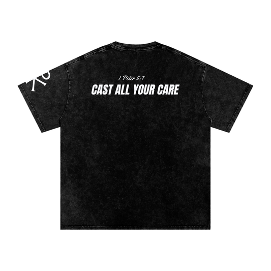 Cast All Your Care God in Flesh Christian t-shirt, Black, back with 1 Peter 5:7