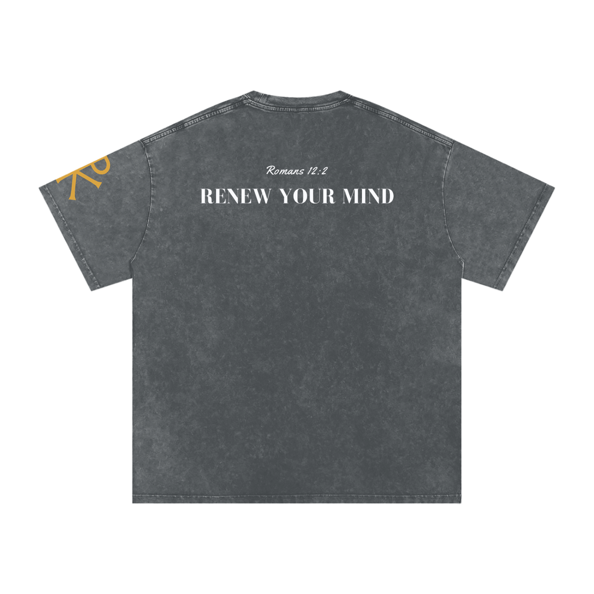 Renew Your Mind God in Flesh Christian t-shirt, Pirate Gray, back with Romans 12:2