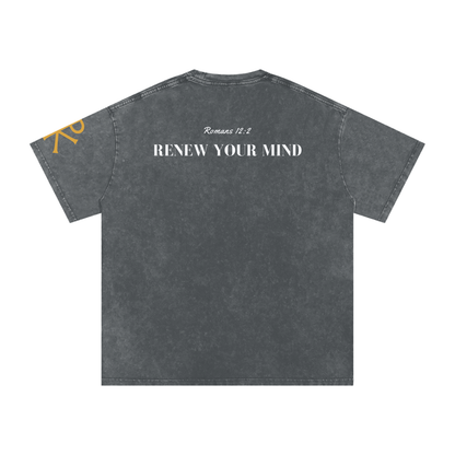 Renew Your Mind God in Flesh Christian t-shirt, Pirate Gray, back with Romans 12:2