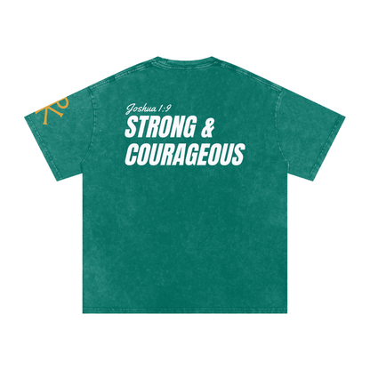 Strong & Courageous God in Flesh Christian t-shirt, Dark Green, back with Joshua 1:9