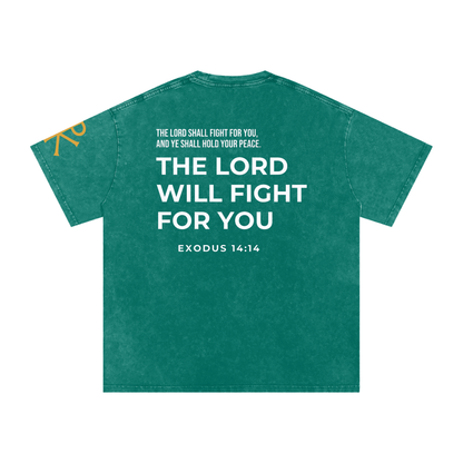 The Lord Will Fight for You God in Flesh Christian t-shirt, Dark Green, back with Exodus 14:14