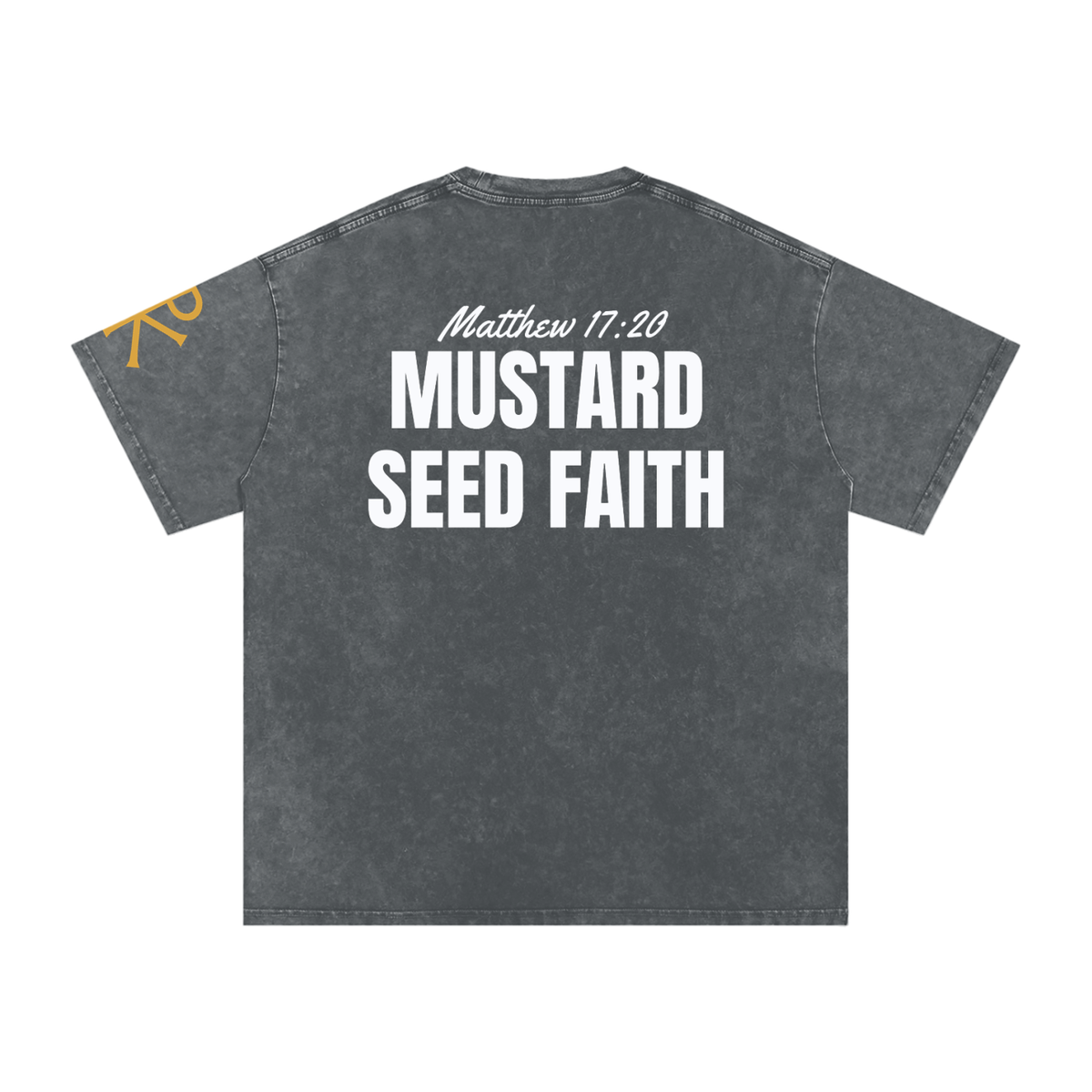Mustard Seed Faith God in Flesh Christian t-shirt, Pirate Gray, back with Matthew 17:20