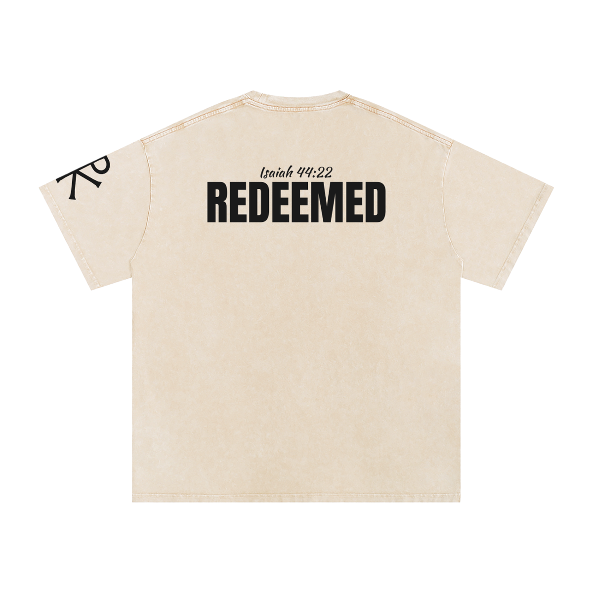 Redeemed God in Flesh Christian t-shirt, Apricot, back with Isaiah 44:22