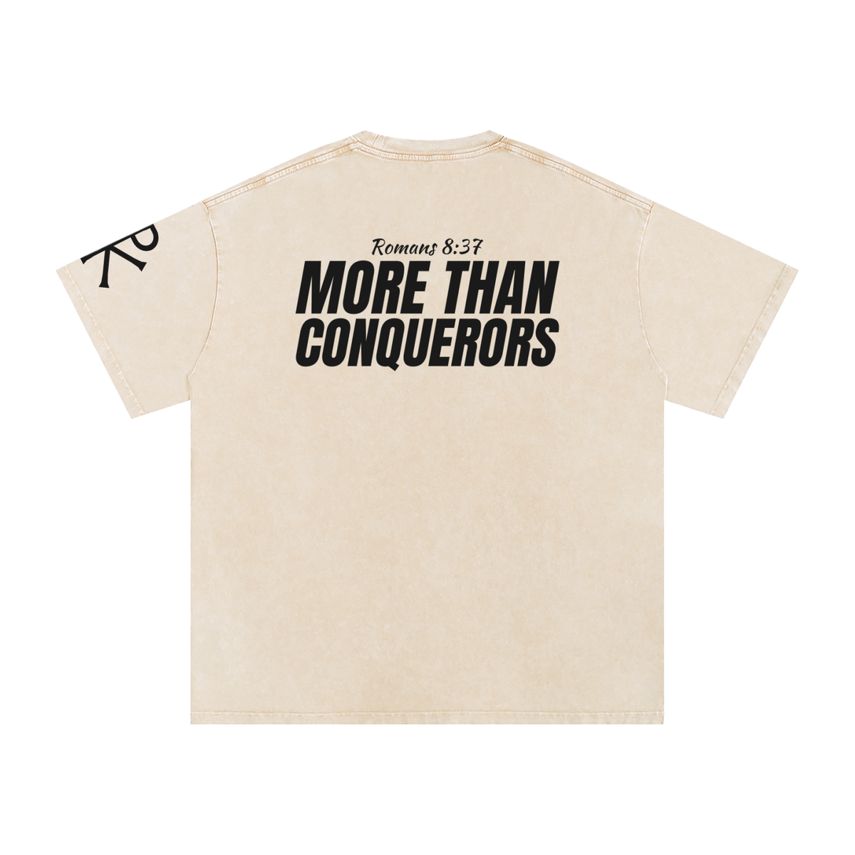 More Than Conquerors God in Flesh Christian t-shirt, Apricot, back with Romans 8:37