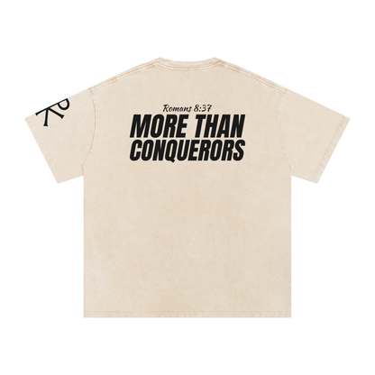 More Than Conquerors God in Flesh Christian t-shirt, Apricot, back with Romans 8:37