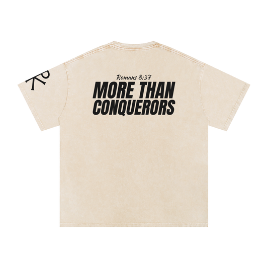 More Than Conquerors God in Flesh Christian t-shirt, Apricot, back with Romans 8:37