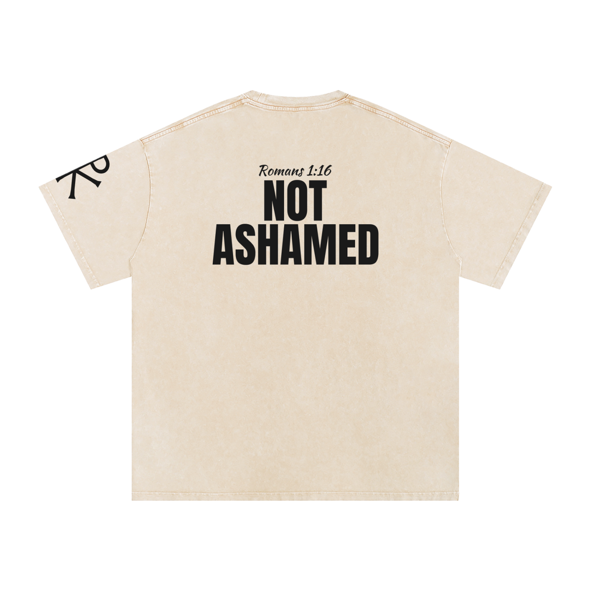 Not Ashamed God in Flesh Christian t-shirt, Apricot, back with Romans 1:16