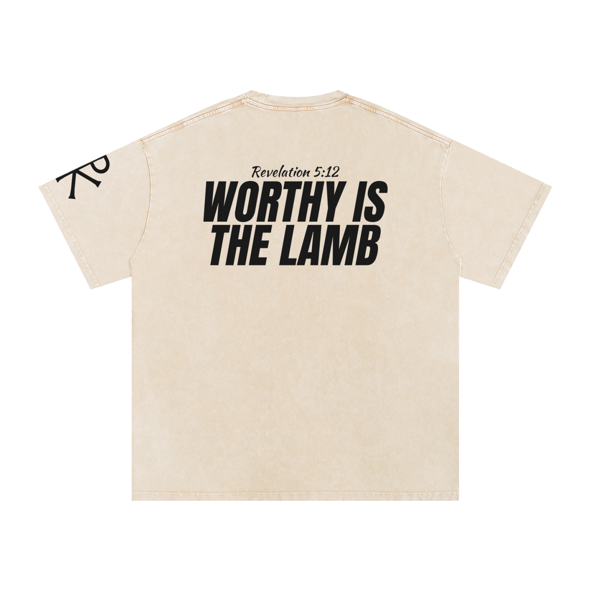 Worthy Is the Lamb God in Flesh Christian t-shirt, Apricot, back with Revelation 5:12