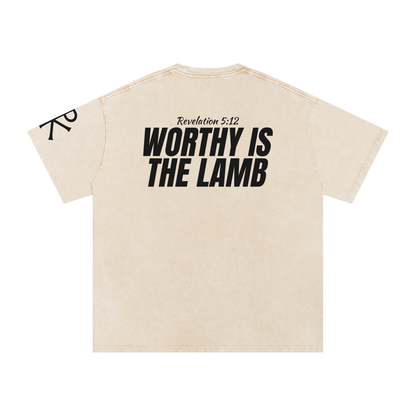 Worthy Is the Lamb God in Flesh Christian t-shirt, Apricot, back with Revelation 5:12