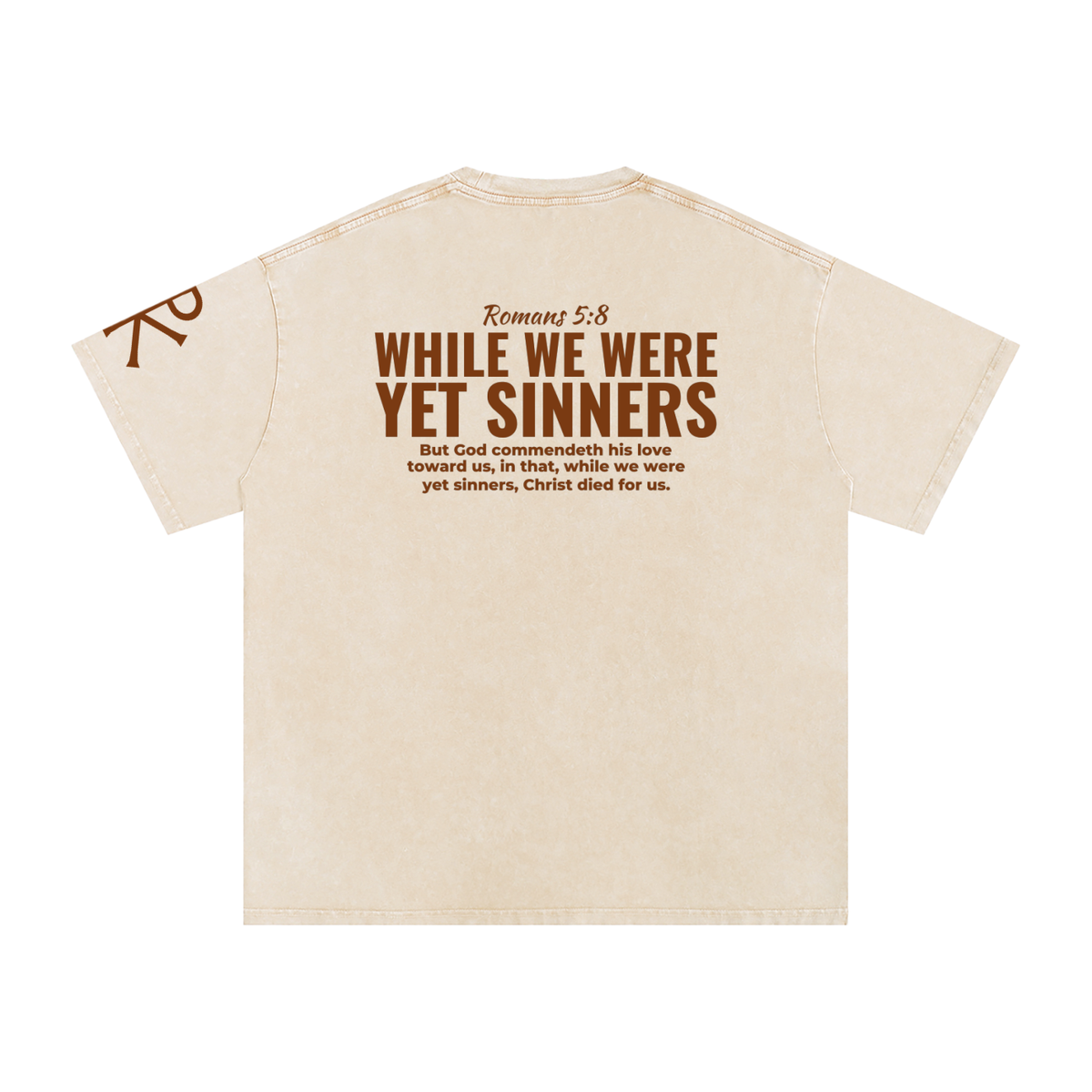 While We Were Yet Sinners God in Flesh Christian t-shirt, Apricot, back with Romans 5:8