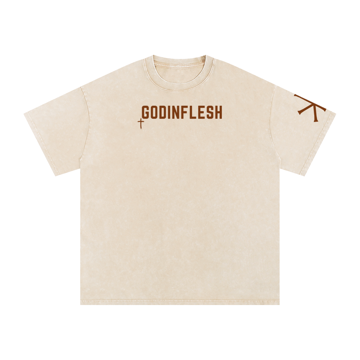 While We Were Yet Sinners God in Flesh Christian t-shirt, Apricot, front with Romans 5:8