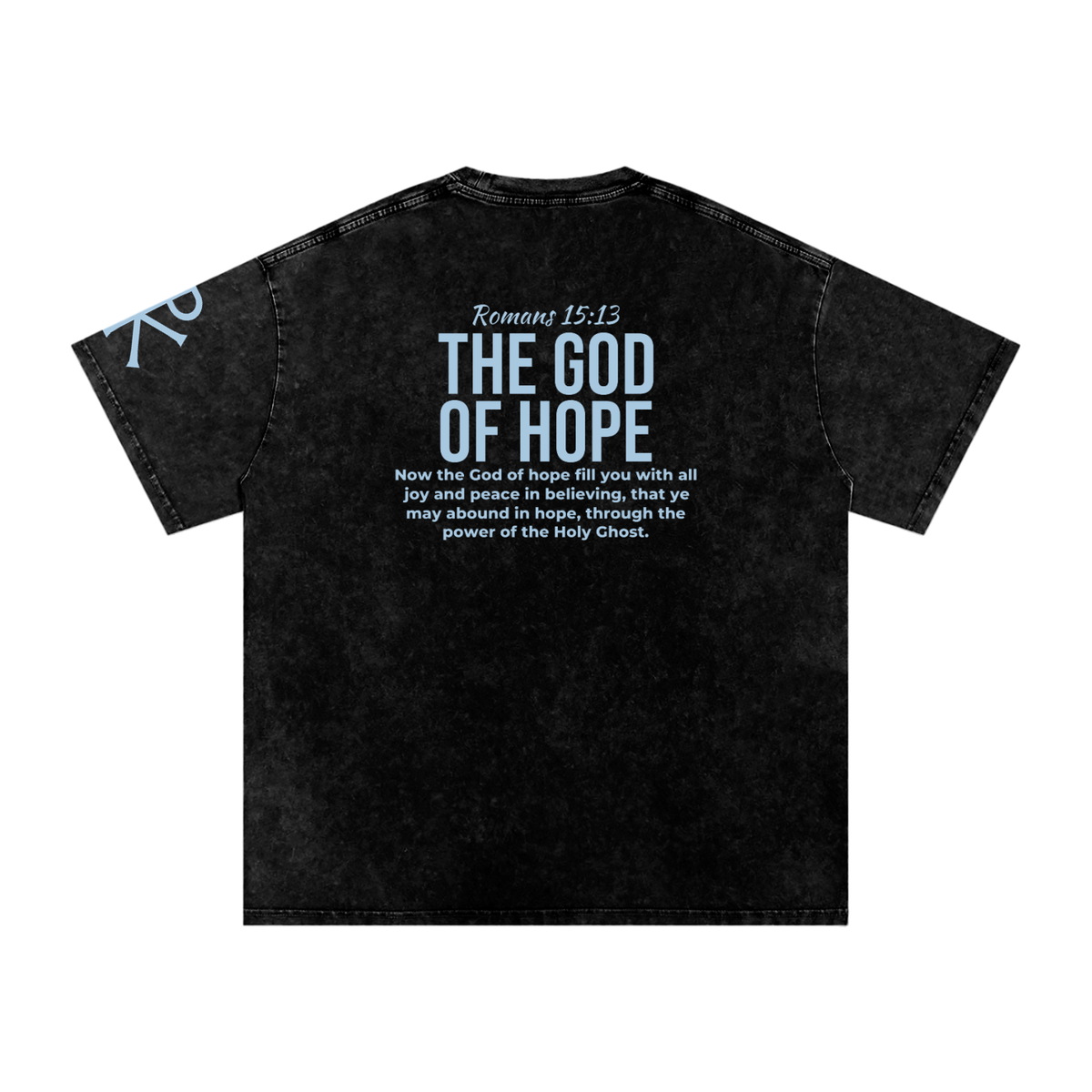 The God of Hope God in Flesh Christian t-shirt, Black, back with Romans 15:13