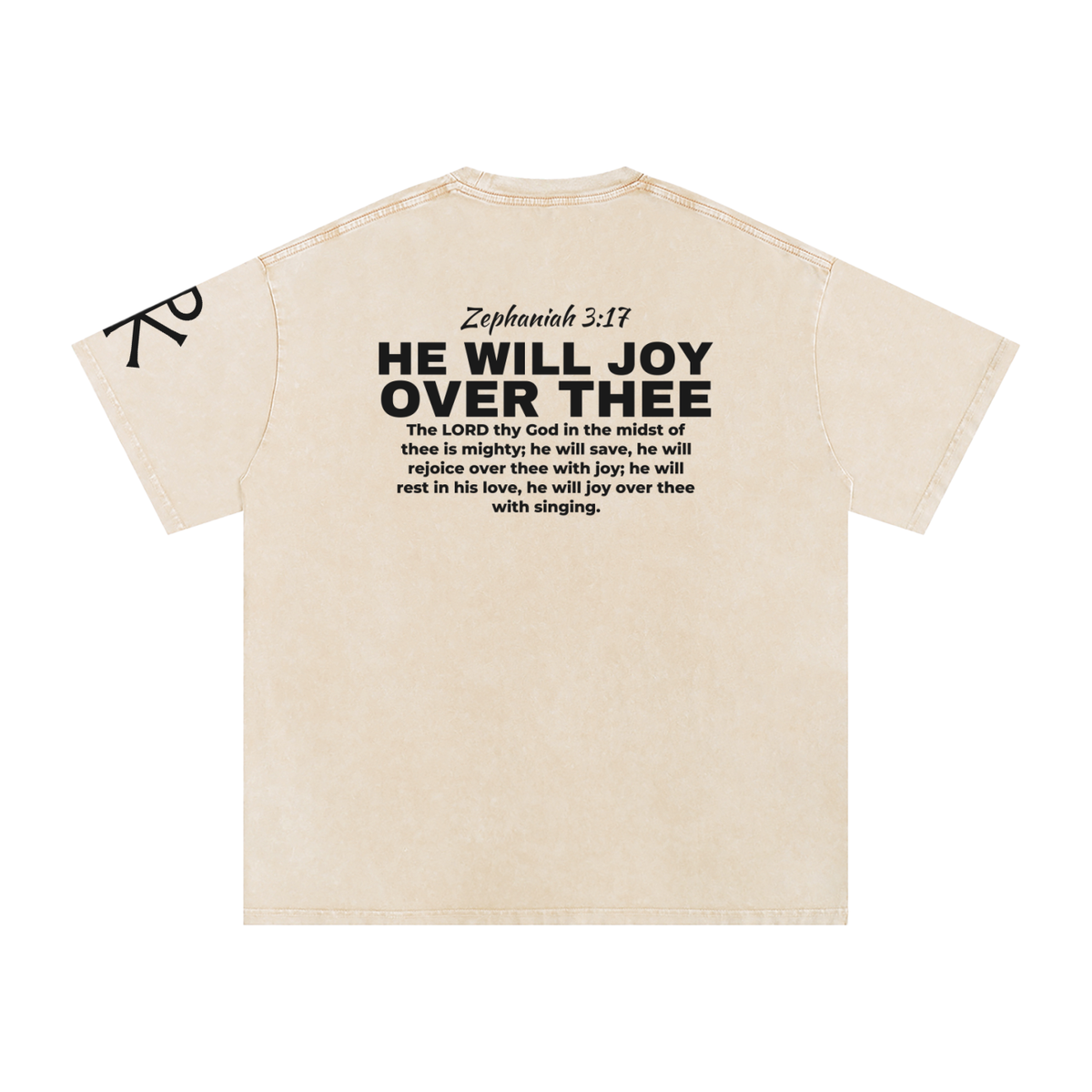 He Will Joy over Thee God in Flesh Christian t-shirt, Apricot, back with Zephaniah 3:17