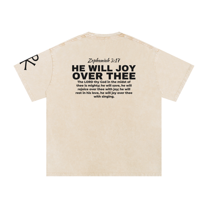He Will Joy over Thee God in Flesh Christian t-shirt, Apricot, back with Zephaniah 3:17