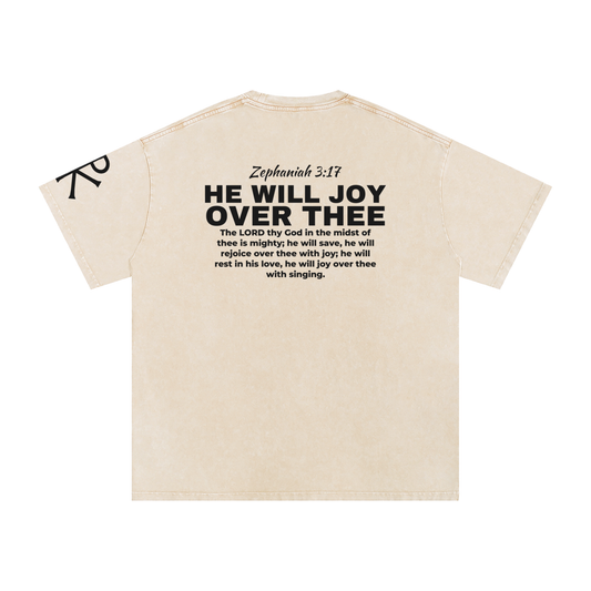 He Will Joy over Thee God in Flesh Christian t-shirt, Apricot, back with Zephaniah 3:17