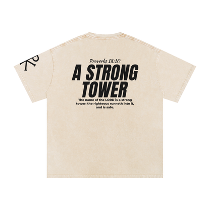 A Strong Tower God in Flesh Christian t-shirt, Apricot, back with Proverbs 18:10