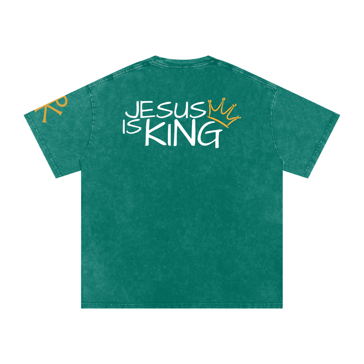 Jesus Is King God in Flesh Christian t-shirt, Dark Green, back with Revelation 19:16