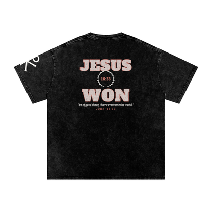 Jesus Won God in Flesh Christian t-shirt, Black, back with John 16:33