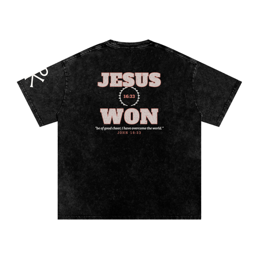 Jesus Won God in Flesh Christian t-shirt, Black, back with John 16:33