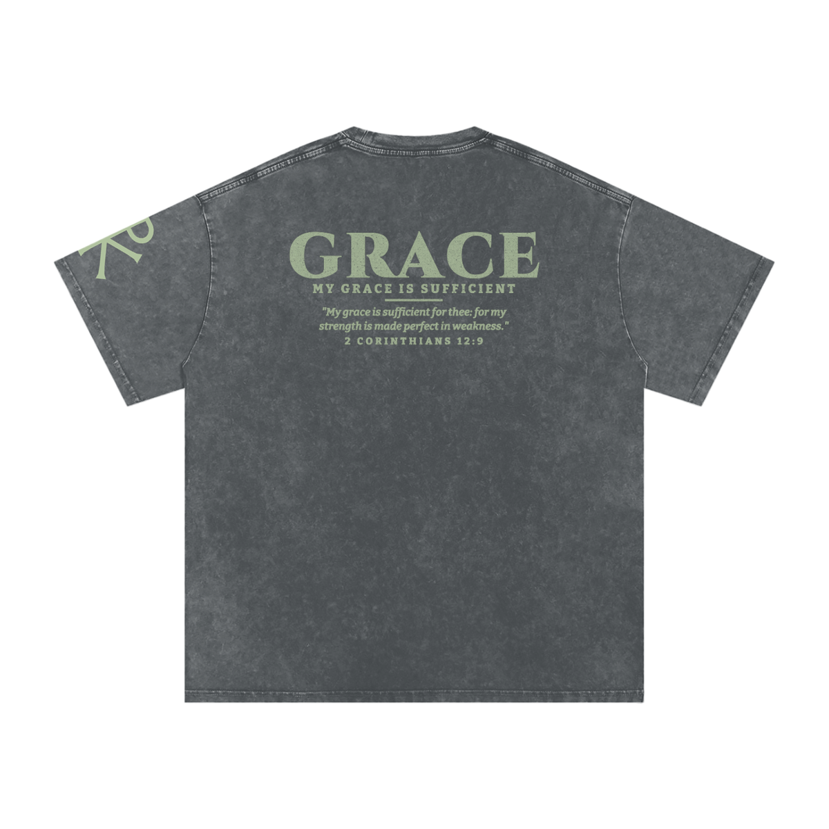 My Grace Is Sufficient God in Flesh Christian t-shirt, Pirate Gray, back with 2 Corinthians 12:9