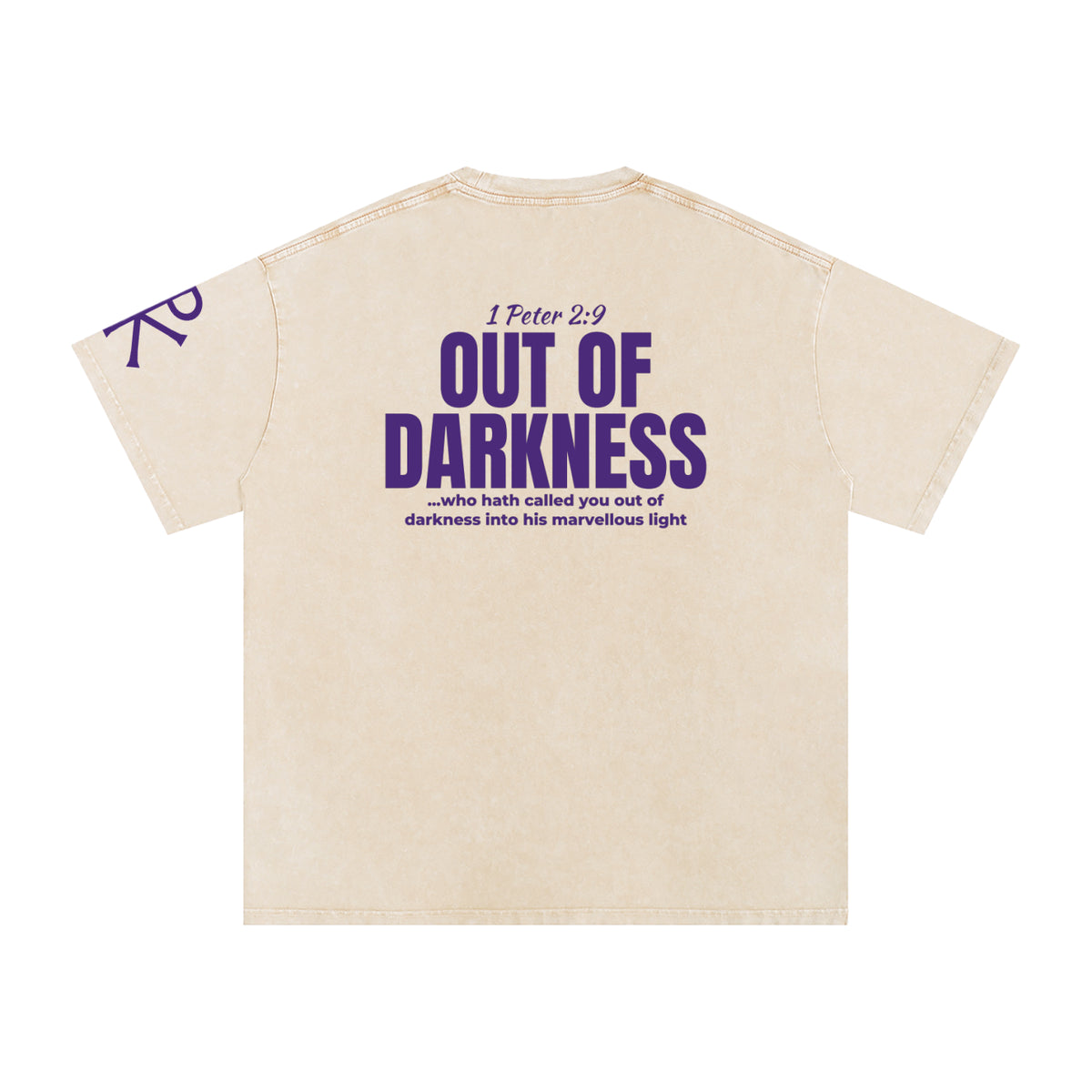 Out of Darkness God in Flesh Christian t-shirt, Apricot, back with 1 Peter 2:9