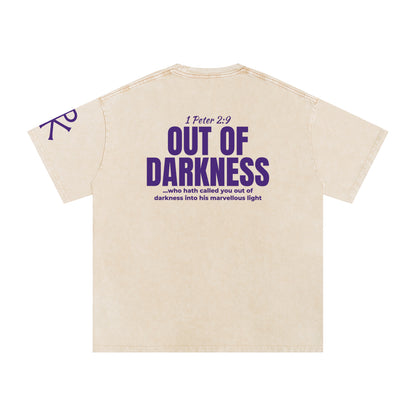 Out of Darkness God in Flesh Christian t-shirt, Apricot, back with 1 Peter 2:9
