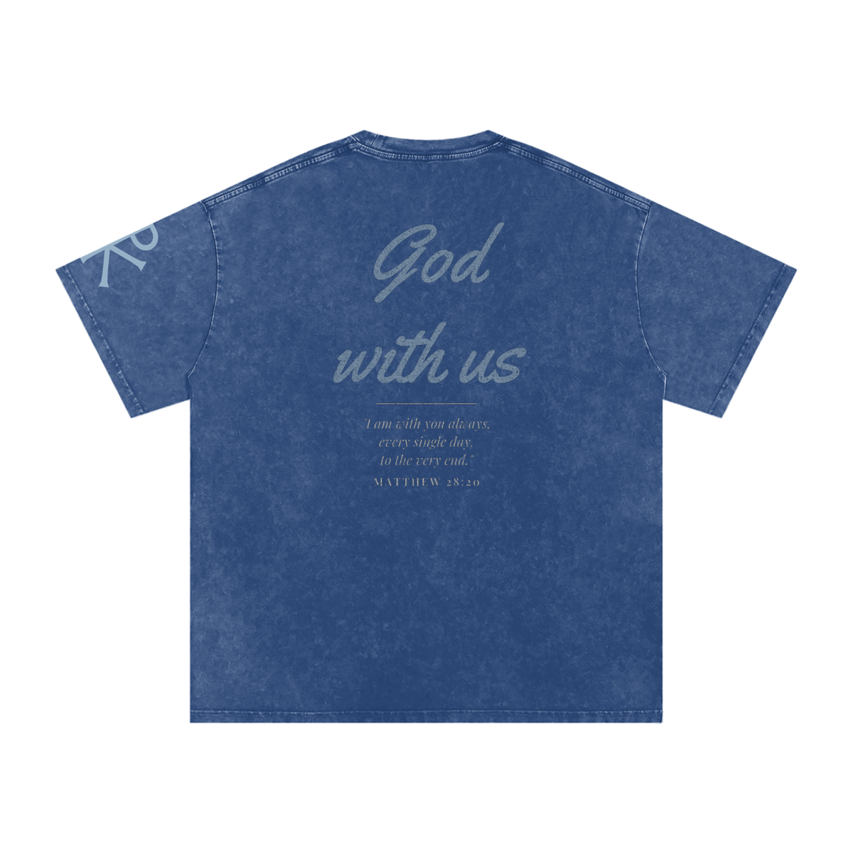 God With Us God in Flesh Christian t-shirt, Dark Blue, back with Matthew 28:20