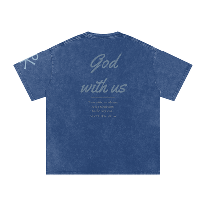 God With Us God in Flesh Christian t-shirt, Dark Blue, back with Matthew 28:20