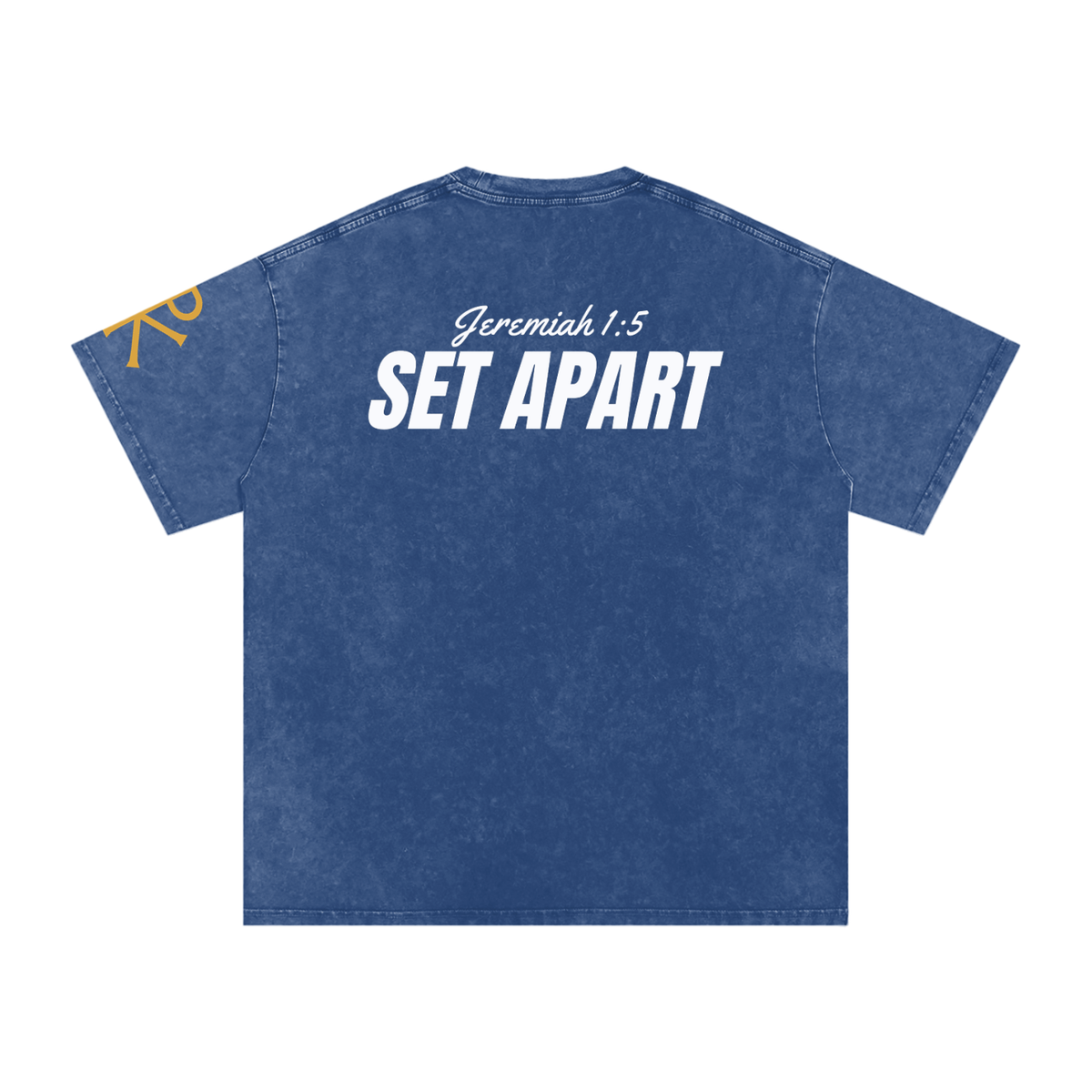 Set Apart God in Flesh Christian t-shirt, Dark Blue, back with Jeremiah 1:5