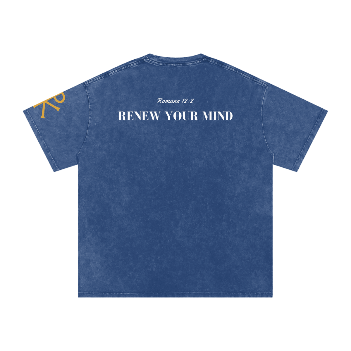 Renew Your Mind God in Flesh Christian t-shirt, Dark Blue, back with Romans 12:2