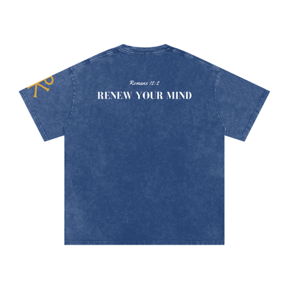 Renew Your Mind God in Flesh Christian t-shirt, Dark Blue, back with Romans 12:2