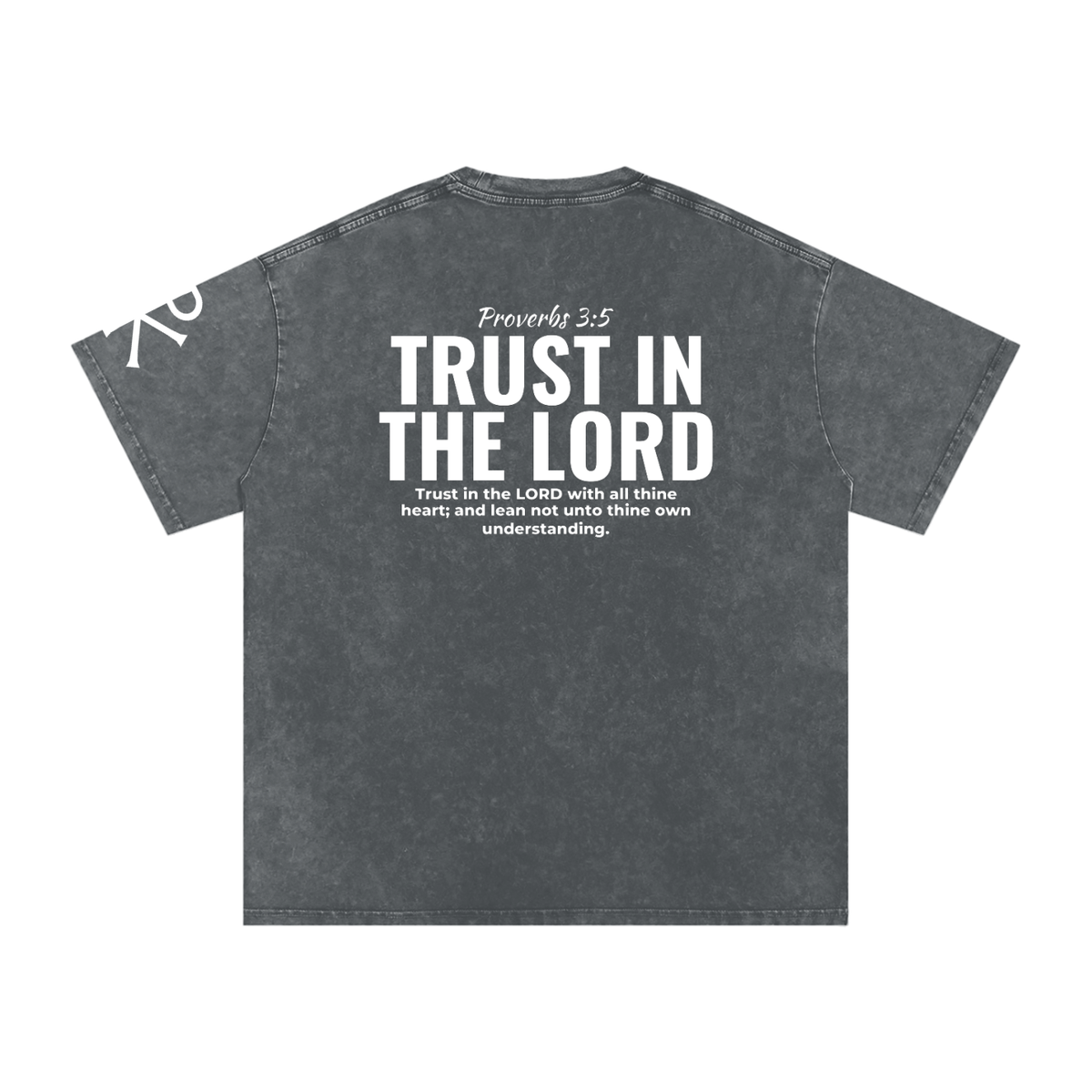 Trust in the Lord God in Flesh Christian t-shirt, Pirate Gray, back with Proverbs 3:5