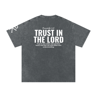 Trust in the Lord God in Flesh Christian t-shirt, Pirate Gray, back with Proverbs 3:5