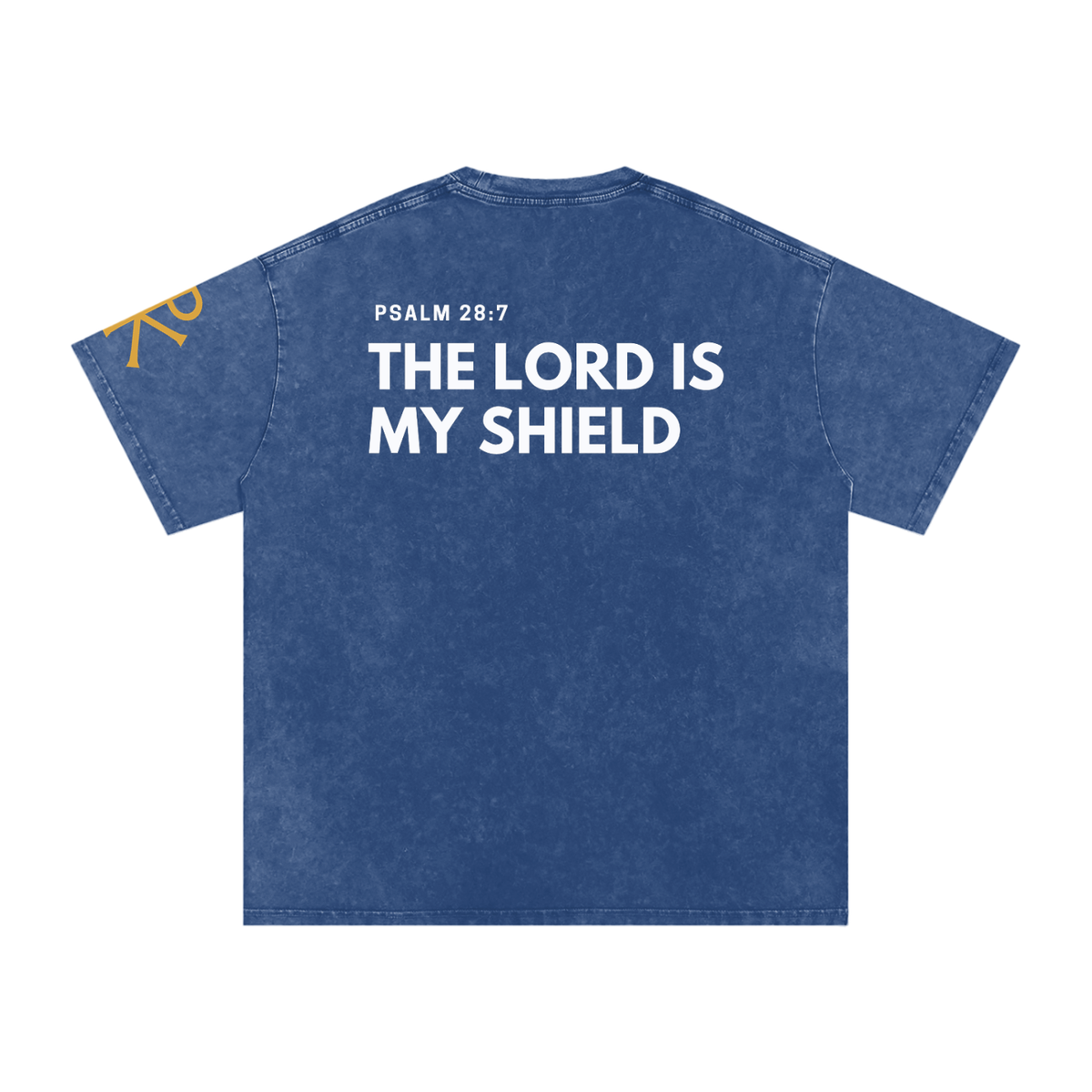 The Lord Is My Shield God in Flesh Christian t-shirt, Dark Blue, back with Psalm 28:7