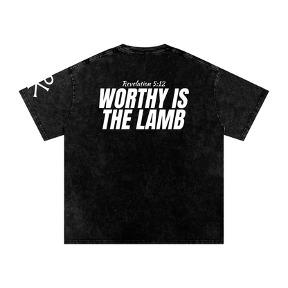 Worthy Is the Lamb God in Flesh Christian t-shirt, Black, back with Revelation 5:12
