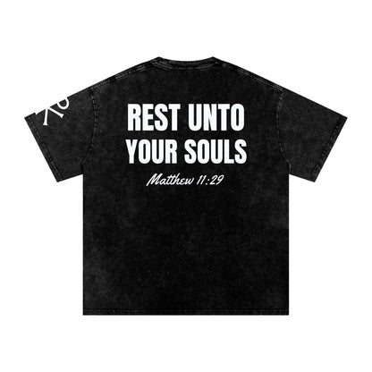Rest unto Your Souls God in Flesh Christian t-shirt, Black, back with Matthew 11:29