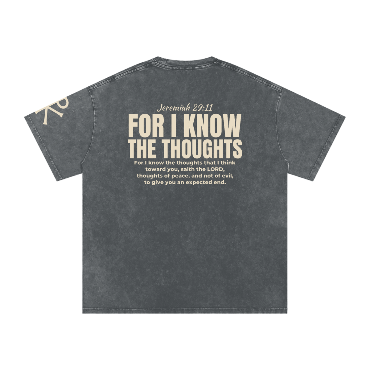 For I Know the Thoughts God in Flesh Christian t-shirt, Pirate Gray, back with Jeremiah 29:11