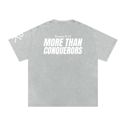 More Than Conquerors God in Flesh Christian t-shirt, Light Gray, back with Romans 8:37
