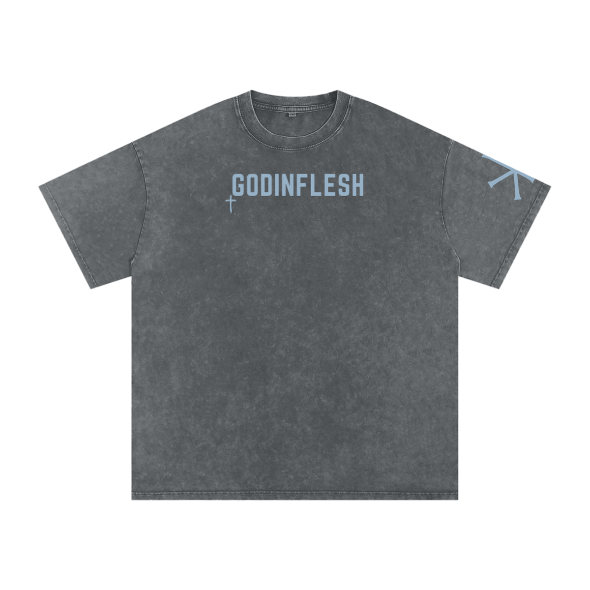 God With Us God in Flesh Christian t-shirt, Pirate Gray, front with Matthew 28:20