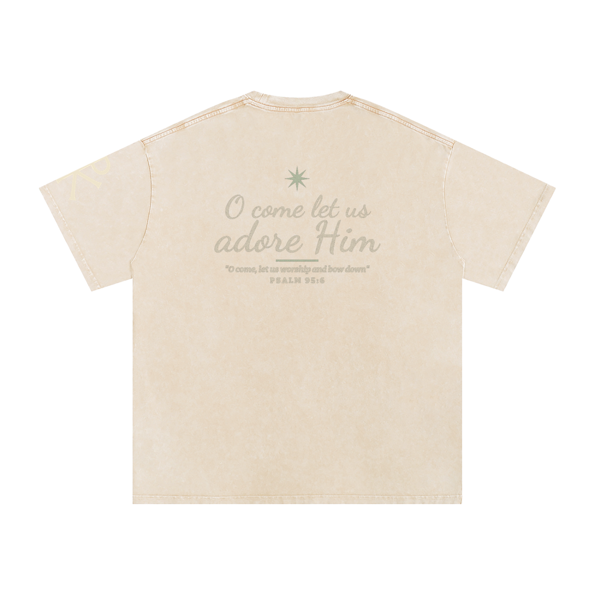 O Come Let Us Adore Him God in Flesh Christian t-shirt, Apricot, back with Psalm 95:6