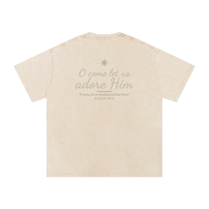 O Come Let Us Adore Him God in Flesh Christian t-shirt, Apricot, back with Psalm 95:6