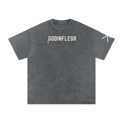Faith Over Fear God in Flesh Christian t-shirt, Pirate Gray, front with Mark 5:36