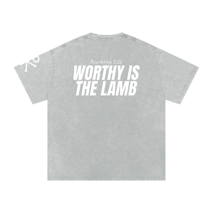 Worthy Is the Lamb God in Flesh Christian t-shirt, Light Gray, back with Revelation 5:12