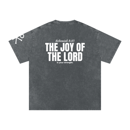 The Joy of the Lord God in Flesh Christian t-shirt, Pirate Gray, back with Nehemiah 8:10