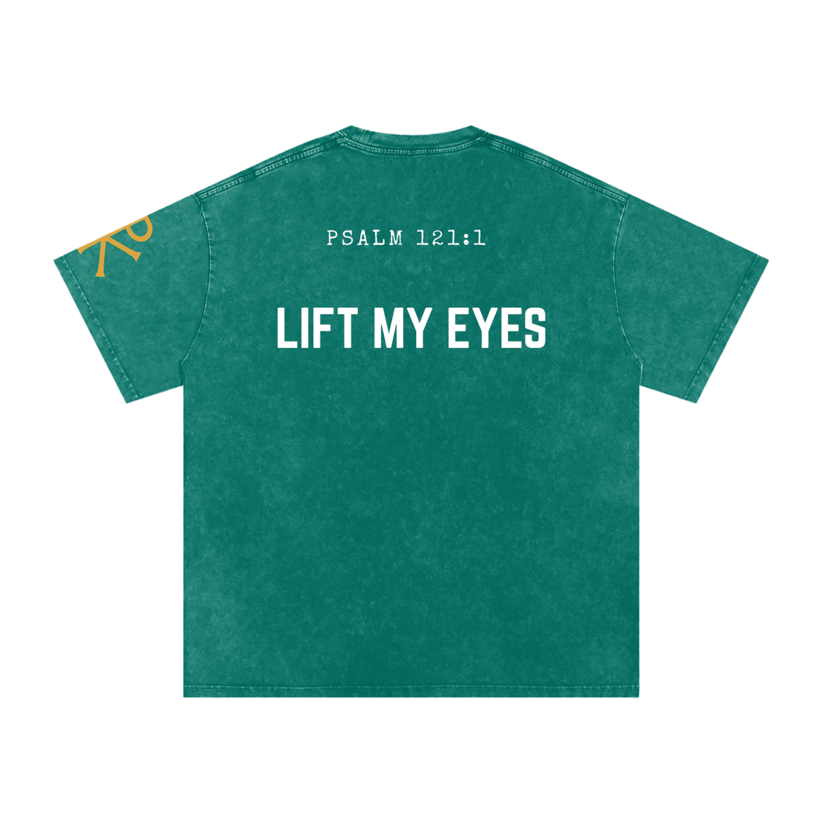 Lift My Eyes God in Flesh Christian t-shirt, Dark Green, back with Psalm 121:1