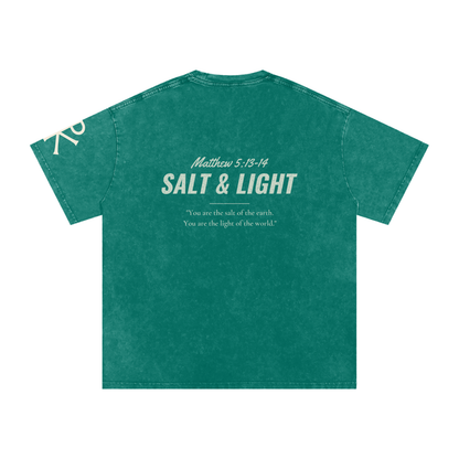 Salt & Light God in Flesh Christian t-shirt, Dark Green, back with Matthew 5:13-14