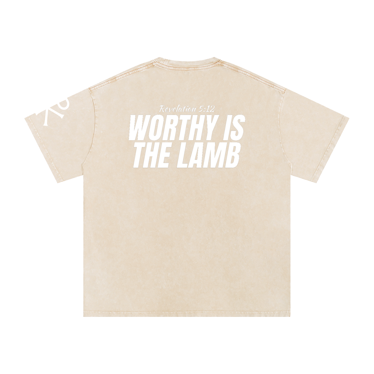 Worthy Is the Lamb God in Flesh Christian t-shirt, Apricot, back with Revelation 5:12