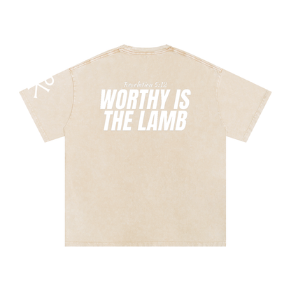 Worthy Is the Lamb God in Flesh Christian t-shirt, Apricot, back with Revelation 5:12